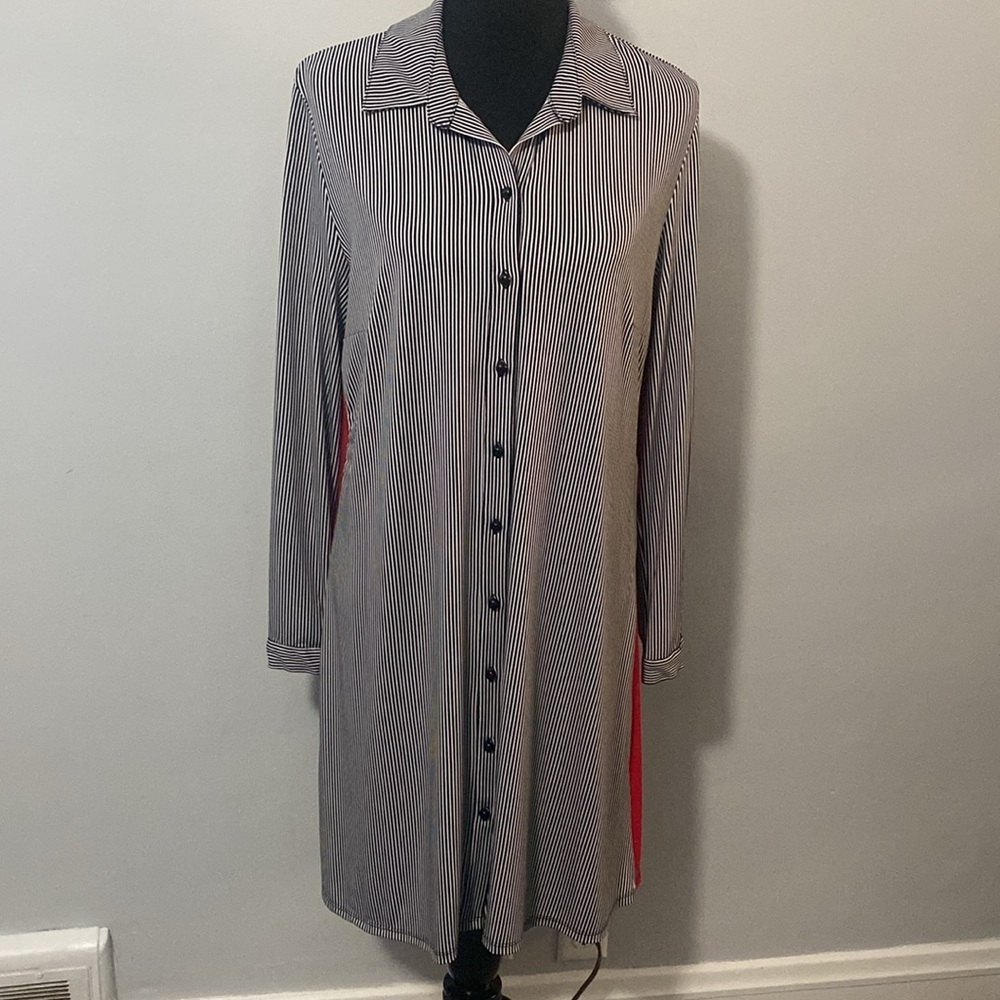 MSK Black & White Vertical Pinstriped Dress Red Down Sides Sz L NWT Long NWT